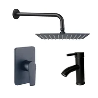 Kit Grifería Ducha Monocontrol Nott Negro +Regadera 20Cm+Brazo Redondo+Grifería Mezclador Lavamanos Iris Baja