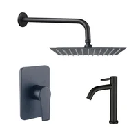 Kit Grifería Ducha Monocontrol Nott Negro +Regadera 20Cm+Brazo Redondo+Grifería Lavamanos Island Baja Agua Fría