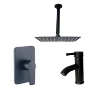 Kit Grifería Ducha Monocontrol Nott Negro +Regadera 20Cm+Brazo Techo+Grifería Mezclador Lavamanos Iris Baja