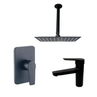 Kit Grifería Ducha Monocontrol Nott Negro +Regadera 20Cm+Brazo Techo+Grifería Mezclador Lavamanos Nott Baja