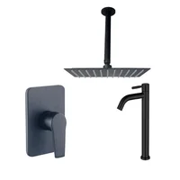 Kit Grifería Ducha Monocontrol Nott Negro +Regadera 20Cm+Brazo Techo+Grifería Lavamanos Island Alta Agua Fría