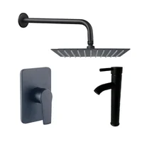 Kit Grifería Ducha Monocontrol Nott Negro +Regadera 15Cm+Brazo Redondo+Grifería Mezclador Lavamanos Iris Alta