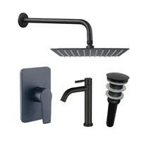 Kit Grifería Ducha Monocontrol Nott Negro +Regadera 20Cm+Brazo Redondo+Grifería Lavamanos Island Baja Agua Fría+Desague Push