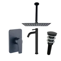 Kit Grifería Ducha Monocontrol Nott Negro +Regadera 20Cm+Brazo Techo+Grifería Lavamanos Island Alta Agua Fría+Desague Push