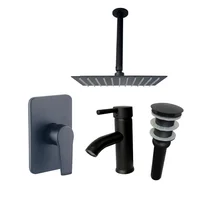 Kit Grifería Ducha Monocontrol Nott Negro +Regadera 20Cm+Brazo Techo+Grifería Mezclador Lavamanos Iris Baja+Desague Push
