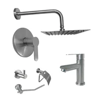 Kit Grifería Ducha Monocontrol Acero Inoxidable +Regadera 20Cm+Brazo Redondo +Grifería Mezclador Lavamanos Inox Baja+Setx3 Accesorios