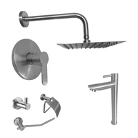 Kit Grifería Ducha Monocontrol Acero Inoxidable +Regadera 20Cm+Brazo Redondo +Grifería Lavamanos Agua Fria Inox Alta+Setx3 Accesorios
