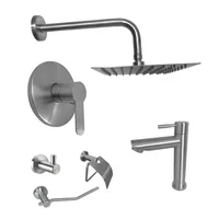 Kit Grifería Ducha Monocontrol Acero Inoxidable +Regadera 20Cm+Brazo Redondo +Grifería Lavamanos Agua Fria Inox Baja+Setx3 Accesorios