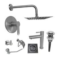 Kit Grifería Ducha Monocontrol Acero Inoxidable+Regadera 20Cm+Brazo Ducha+Grifería Lavamanos Agua Fria Alta+Desague+Rejilla Sifon 10X10+Setx3 Accesorios