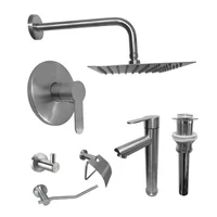 Kit Grifería Ducha Monocontrol Acero Inoxidable +Regadera 20Cm+Brazo Redondo +Grifería Mezclador Lavamanos Inox Alta+Desague+Setx3 Accesorios