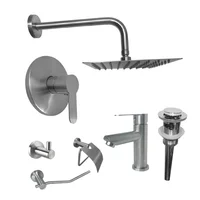 Kit Grifería Ducha Monocontrol Acero Inoxidable +Regadera 20Cm+Brazo Redondo +Grifería Mezclador Lavamanos Inox Baja+Desague+Setx3 Accesorios