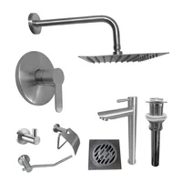 Kit Grifería Ducha Monocontrol Acero Inoxidable +Regadera 20Cm+Brazo Redondo +Grifería Lavamanos Agua Fria Inox Alta+Desague+Setx3 Accesorios
