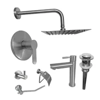 Kit Grifería Ducha Monocontrol Acero Inoxidable +Regadera 20Cm+Brazo Redondo +Grifería Lavamanos Agua Fria Inox Baja+Desague+Setx3 Accesorios