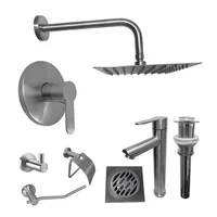 Kit Grifería Ducha Monocontrol Acero Inoxidable +Regadera 20Cm+Brazo+Grifería Mezclador Lavamanos Alta+Desague+Rejilla Sifon Piso 10X10+Setx3 Accesorios