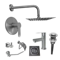 Kit Grifería Ducha Monocontrol Acero Inoxidable+Regadera 20Cm+Brazo Ducha+Grifería Mezclador Lavamanos Baja+Desague+Rejilla Sifon 10X10 Inox+Setx3 Accesorios