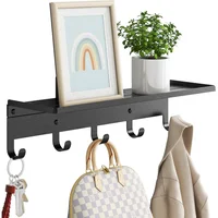 Perchero de Pared Bethom con Estante en Metal Negro y 5 Ganchos