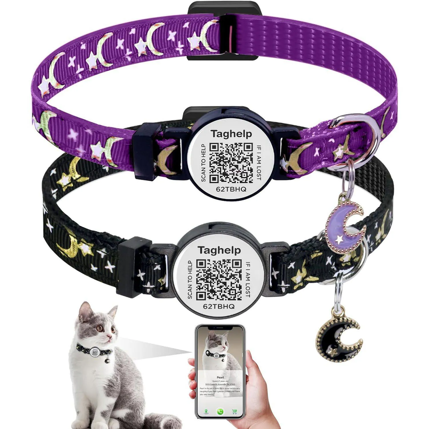 Collar Gato Taghelp Paquete 2 Seguridad Código QR Luna y Estrella