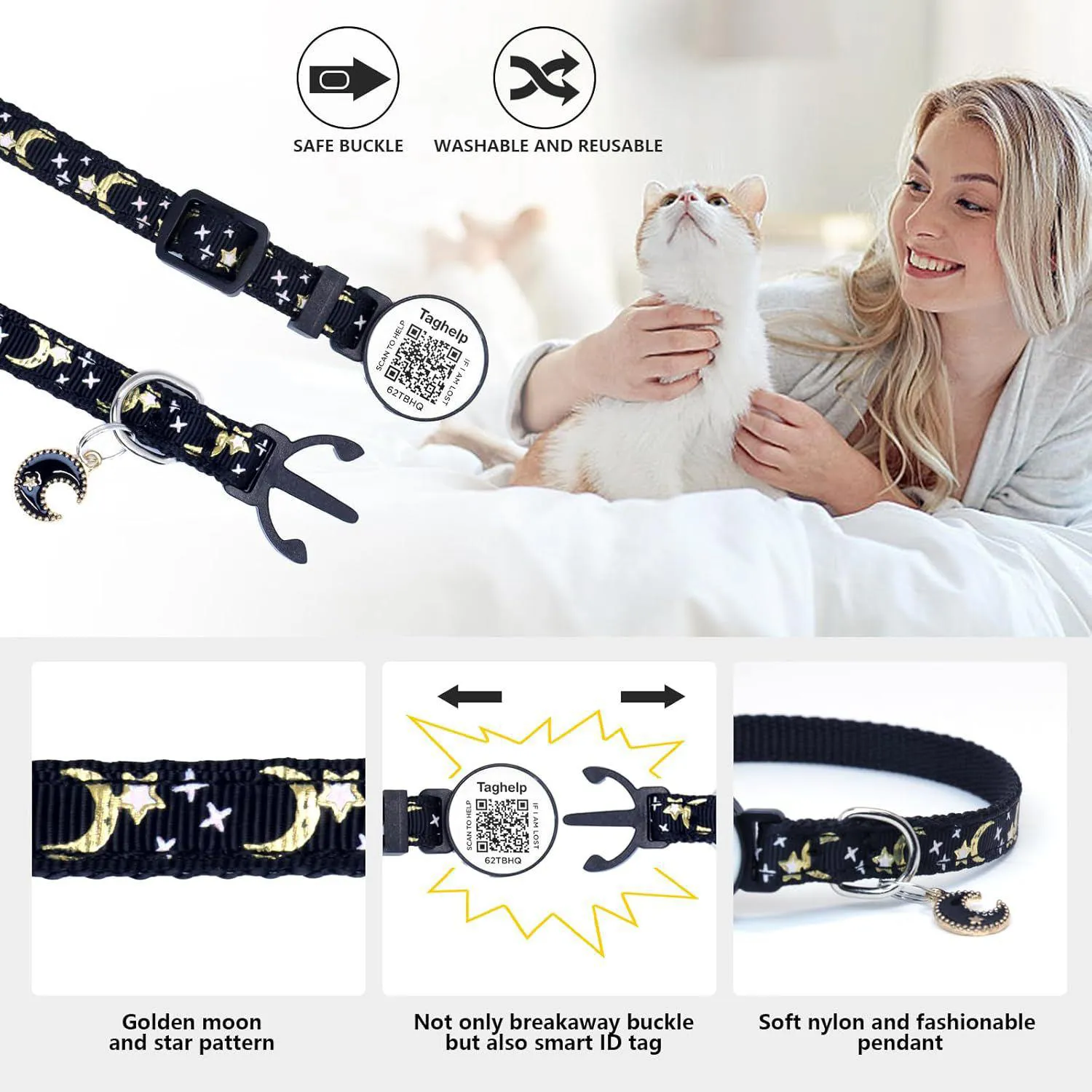 Collar Gato Taghelp Paquete 2 Seguridad Código QR Luna y Estrella