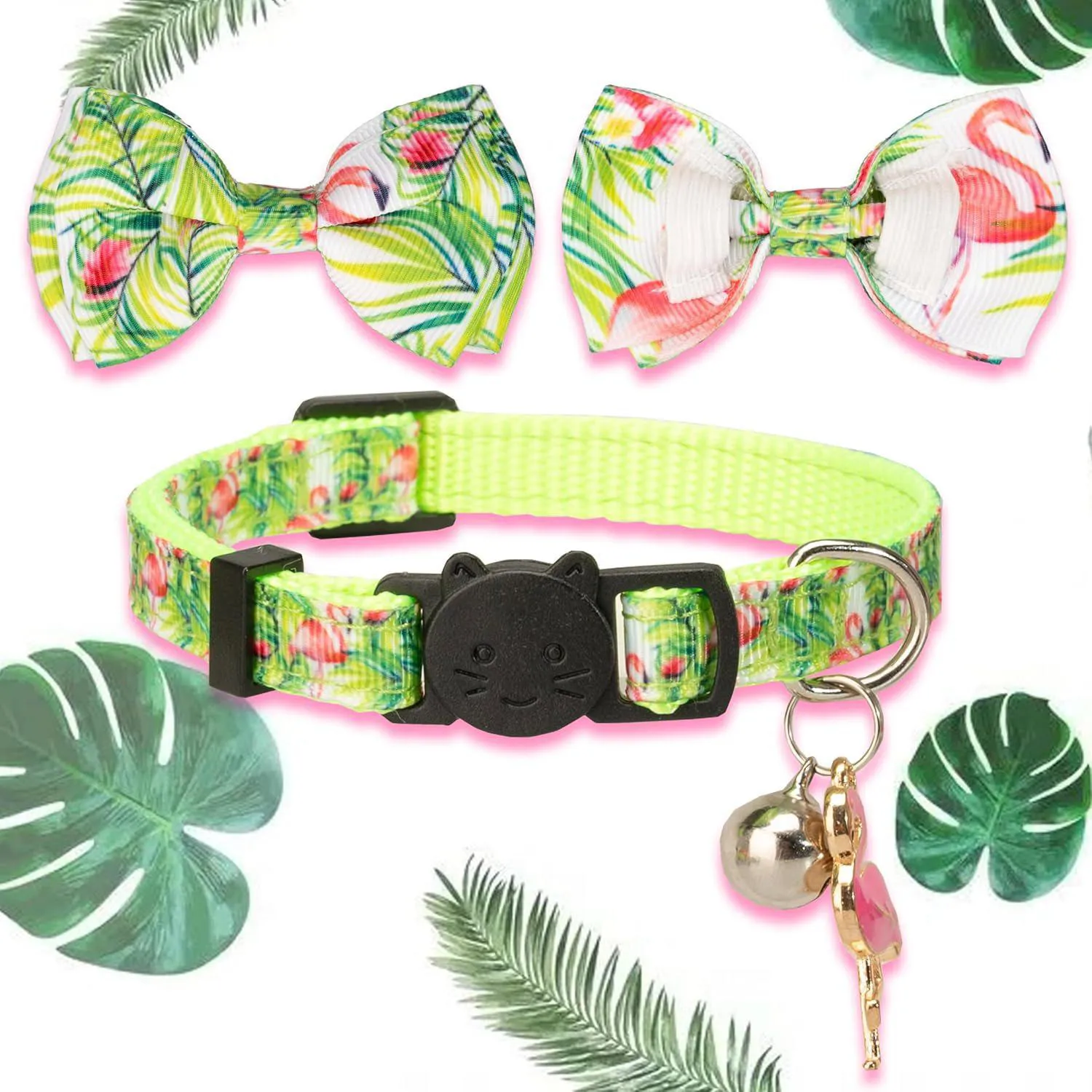 Collar Gato Gyapet con Pajarita y Flamenco Rosa Ajustable de Verano
