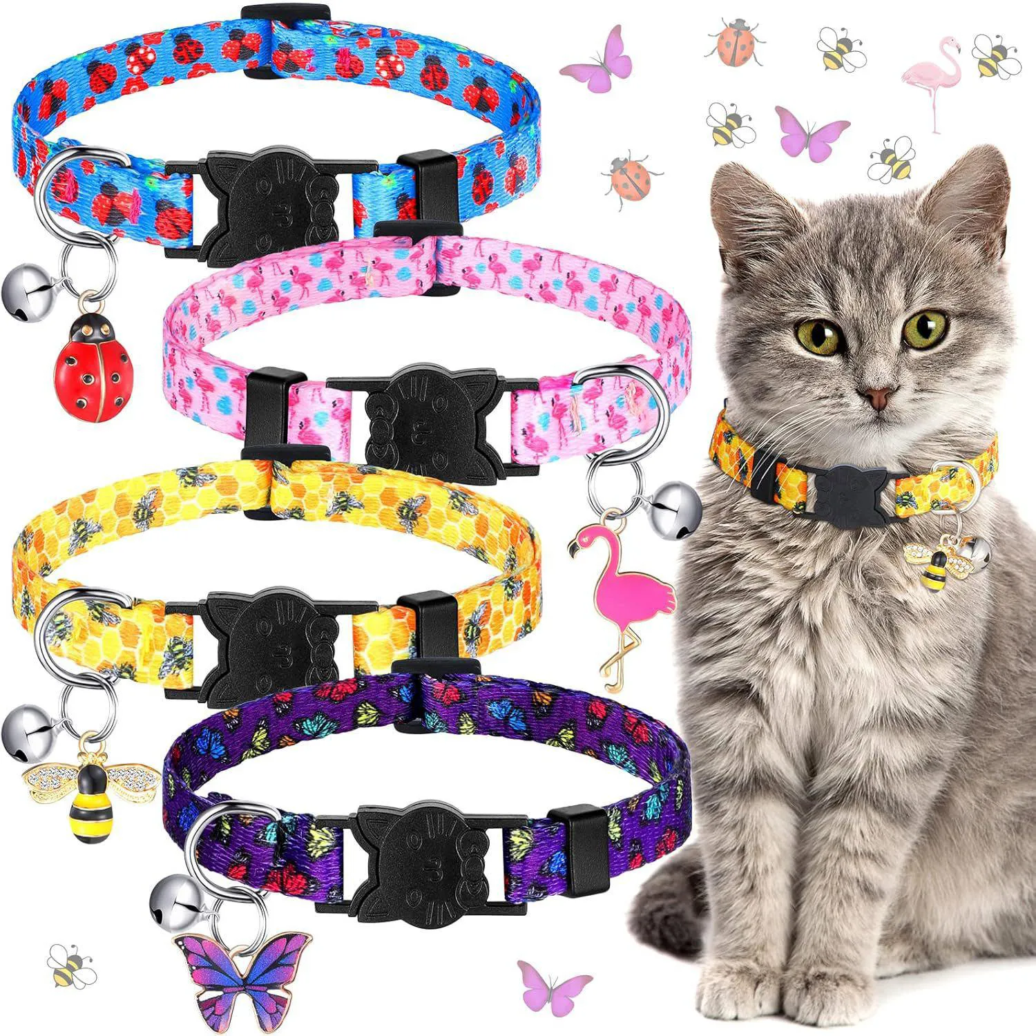 Collar Gato Weewooday Verano con Campana y Colgantes Set de 4 Ajustables