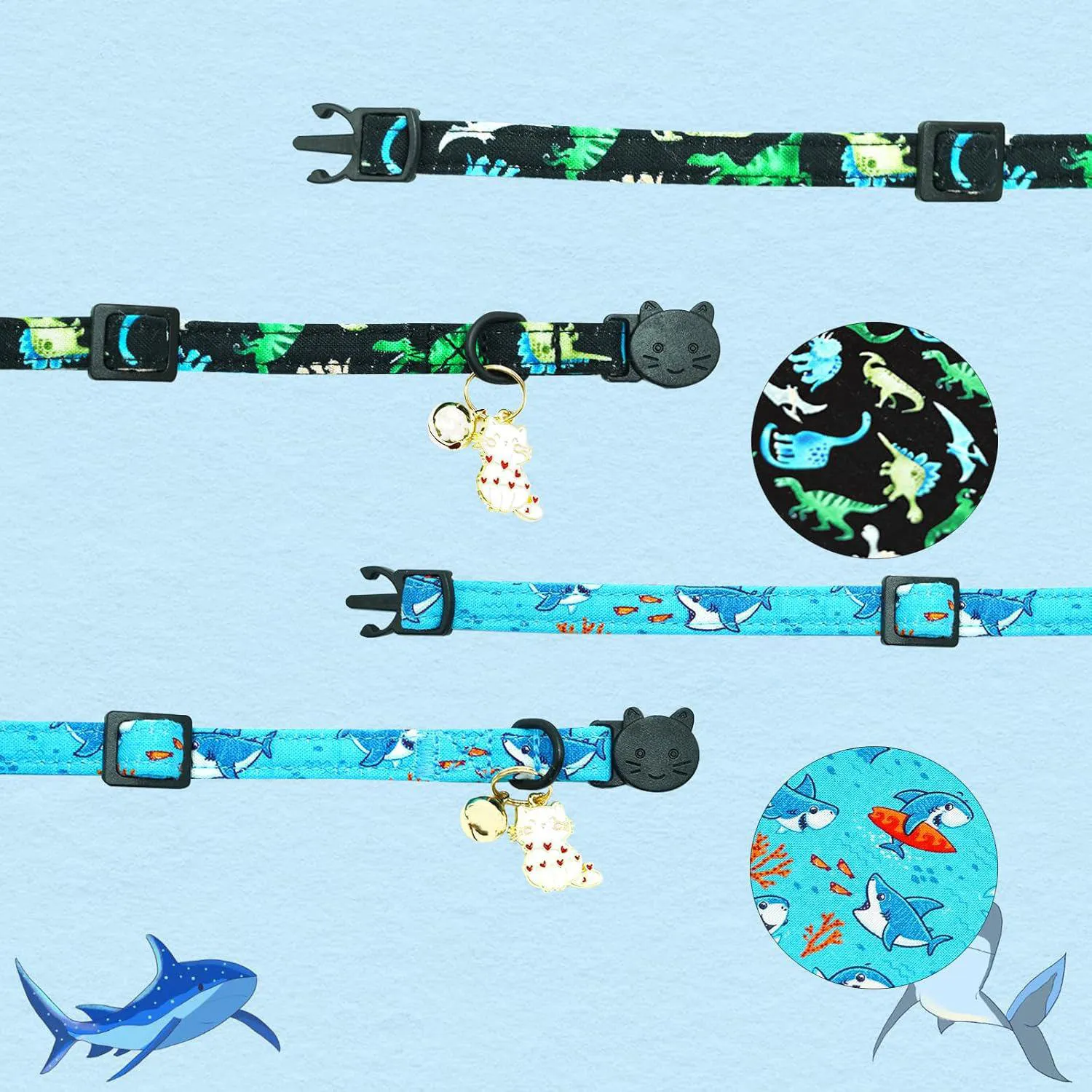 Collares Bobo Rainbow Para Gato Tiburón y Dinosaurio Ajustables x2 4