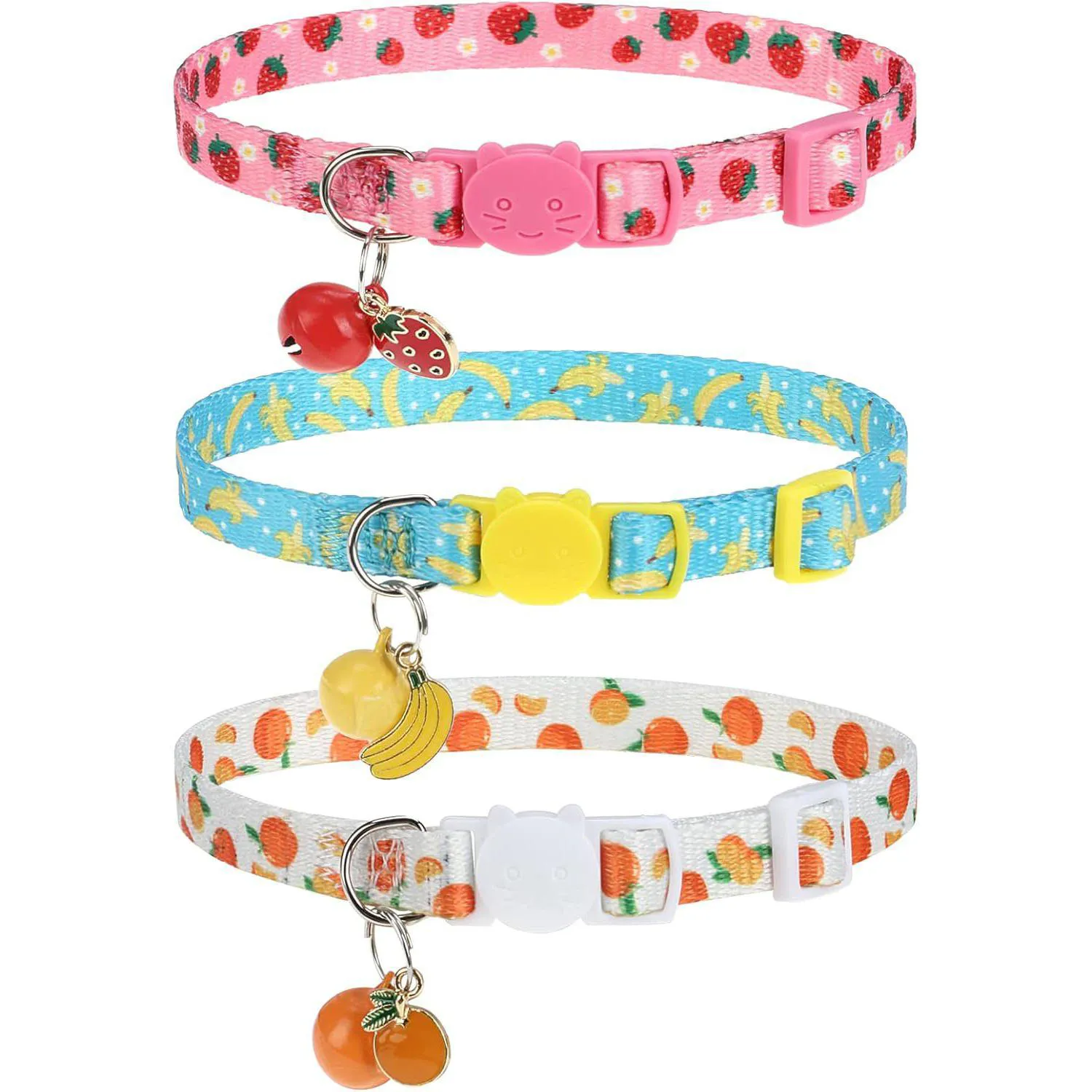 Collares VKPETFR Para Gato Frutales x3 Ajustables Con Campana y Hebilla Segura