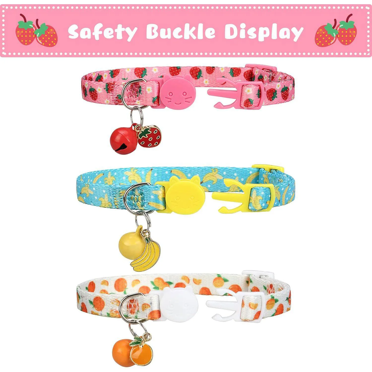 Collares VKPETFR Para Gato Frutales x3 Ajustables Con Campana y Hebilla Segura