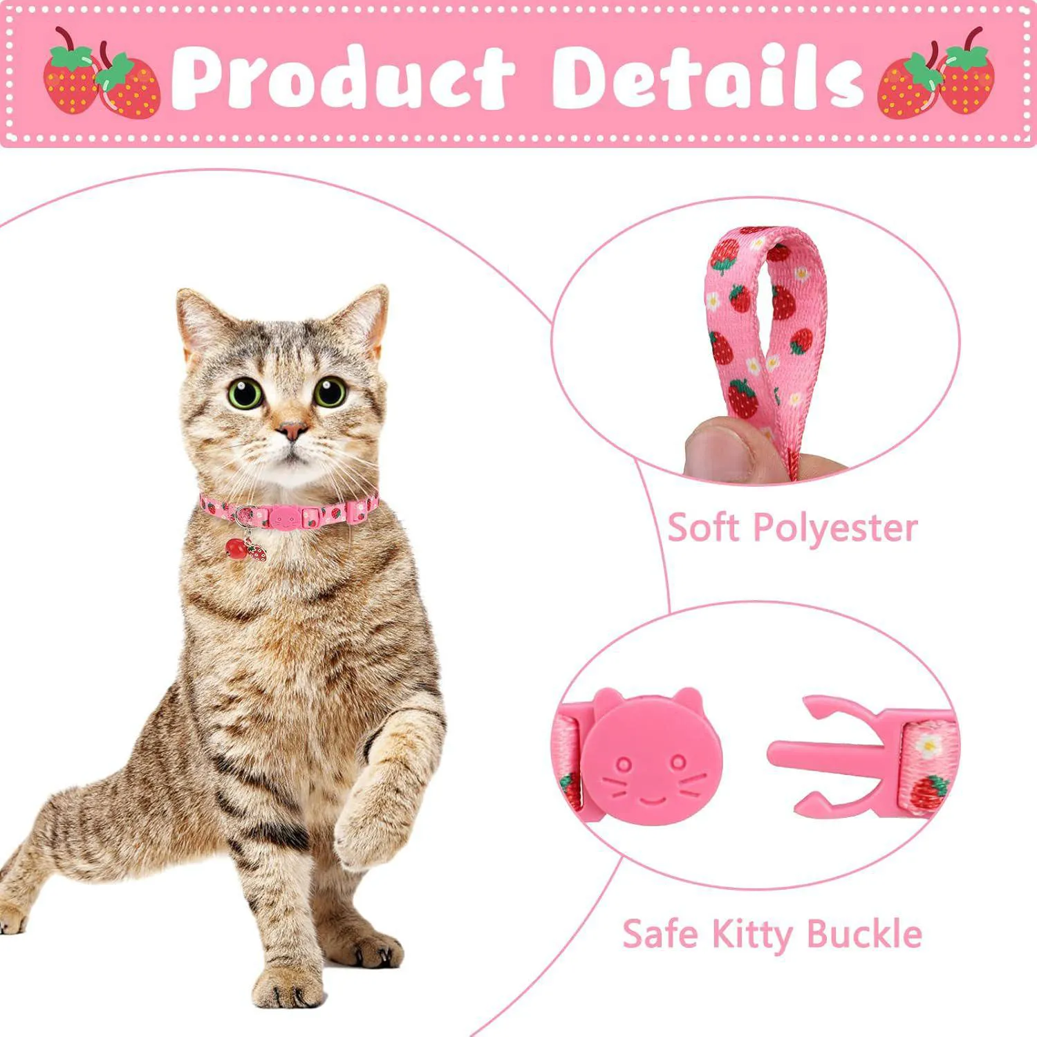 Collares VKPETFR Para Gato Frutales x3 Ajustables Con Campana y Hebilla Segura 4