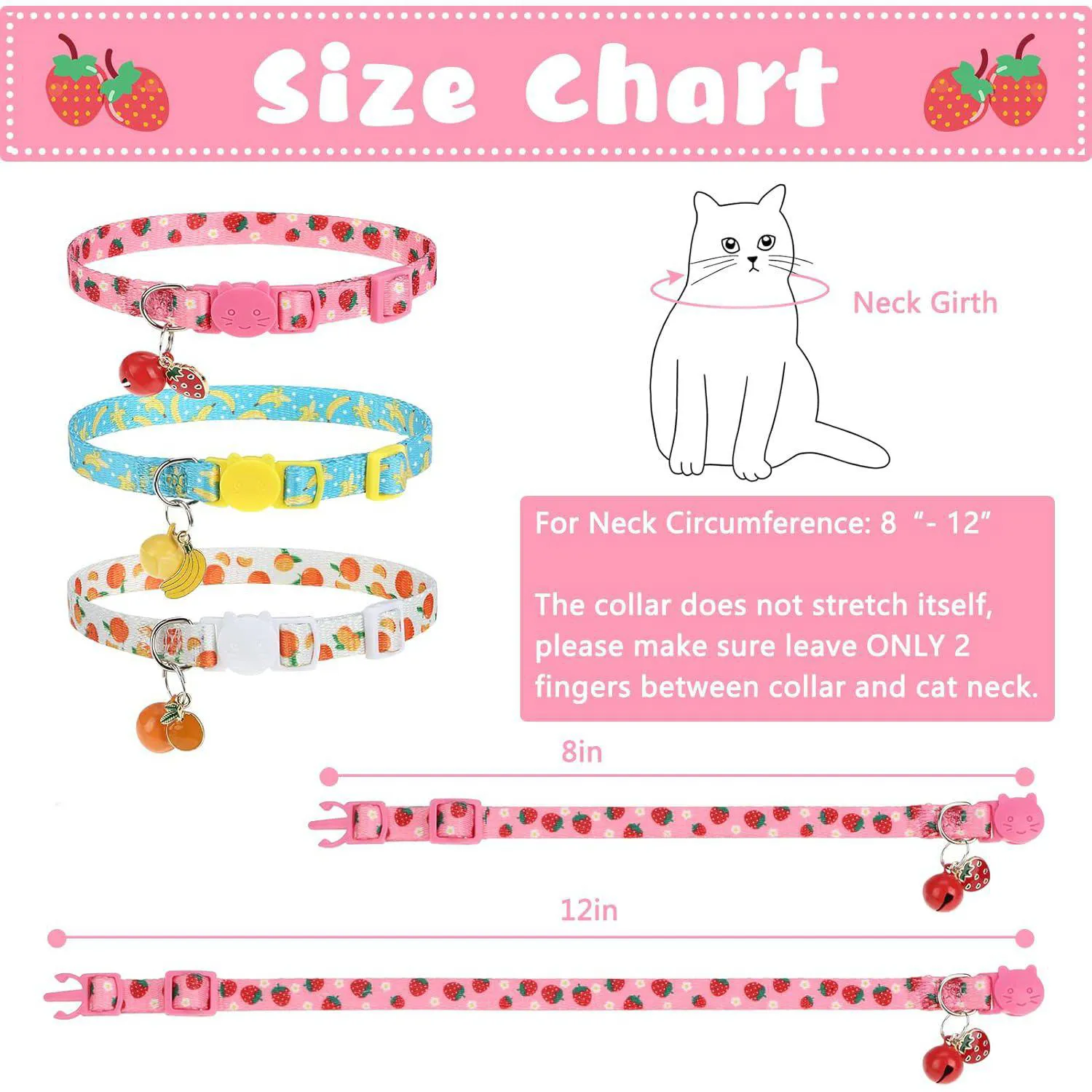 Collares VKPETFR Para Gato Frutales x3 Ajustables Con Campana y Hebilla Segura 5