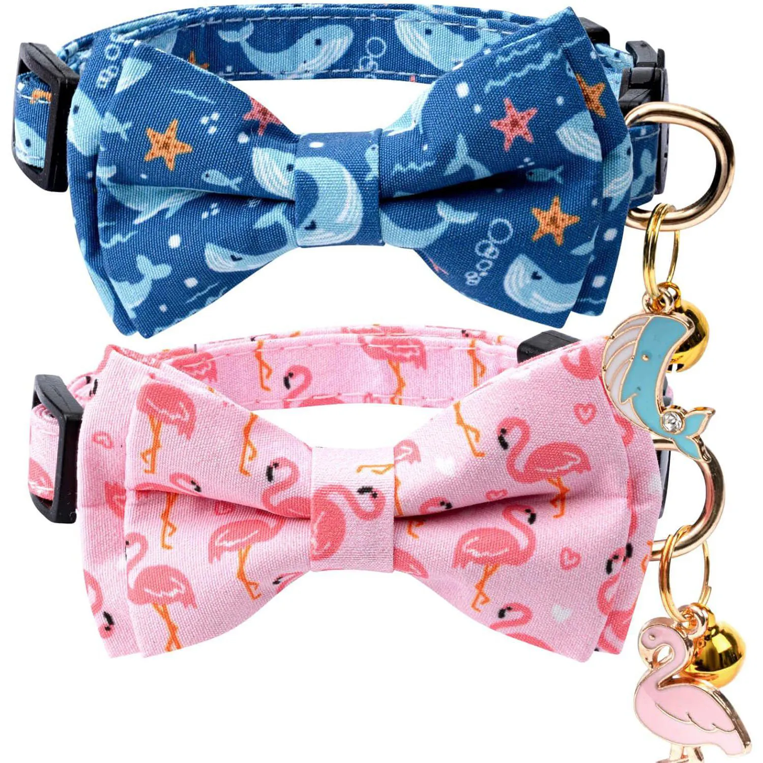 Paquete 2 Collares Jelwuion Algodón con Pajarita y Campana para Gatos