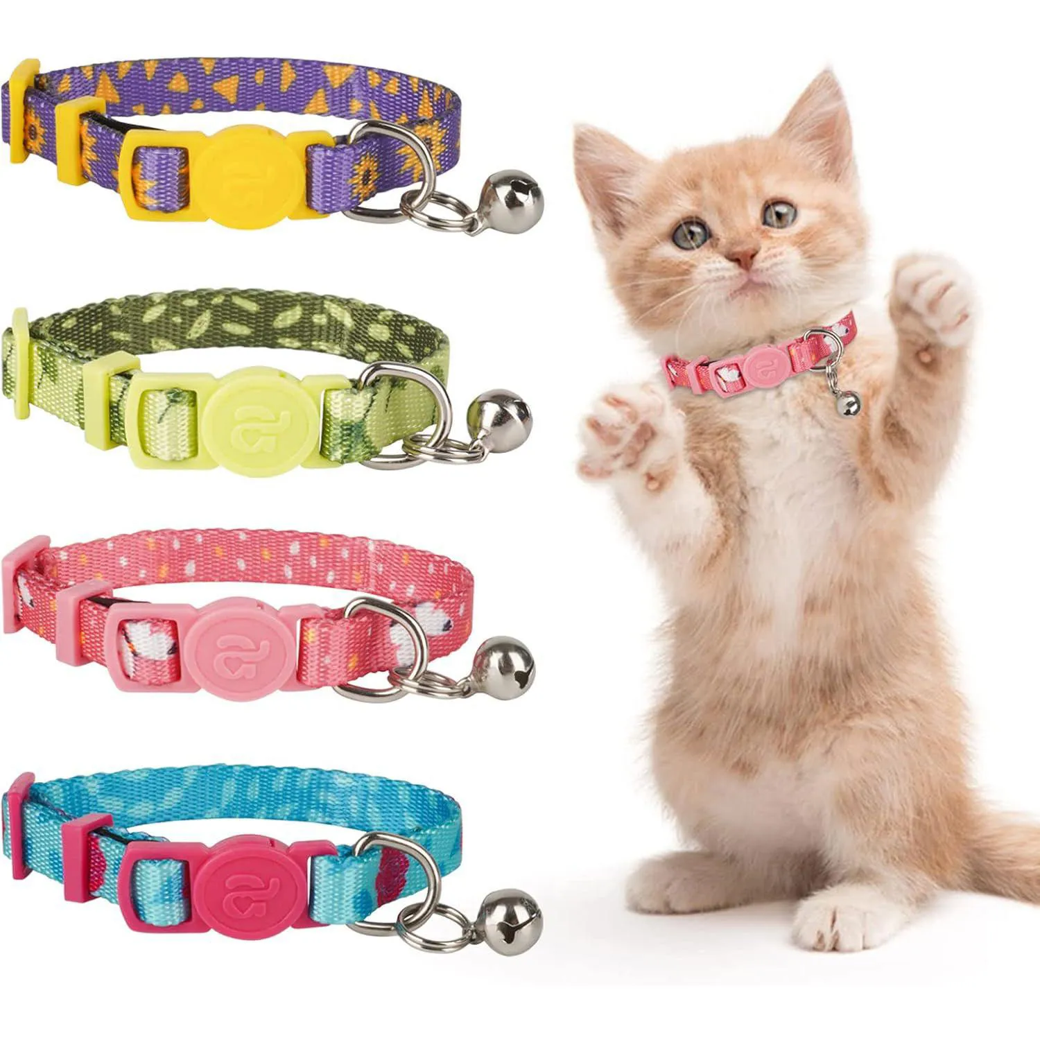 Paquete de 4 Collares para Gatitos azuza con Campana, Hebilla de Liberación Rápida y Diseño Floral Ajustable