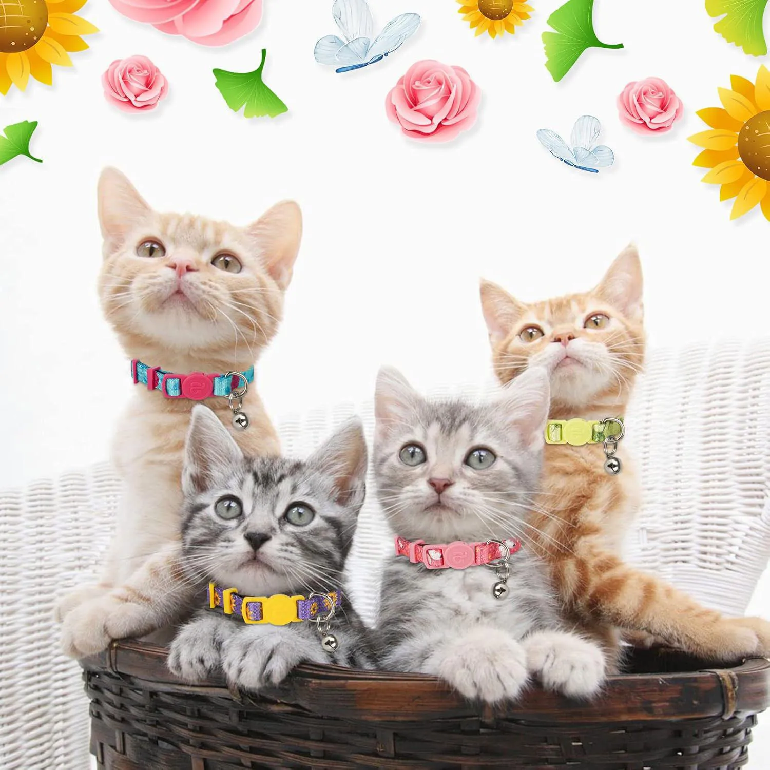Paquete de 4 Collares para Gatitos azuza con Campana, Hebilla de Liberación Rápida y Diseño Floral Ajustable