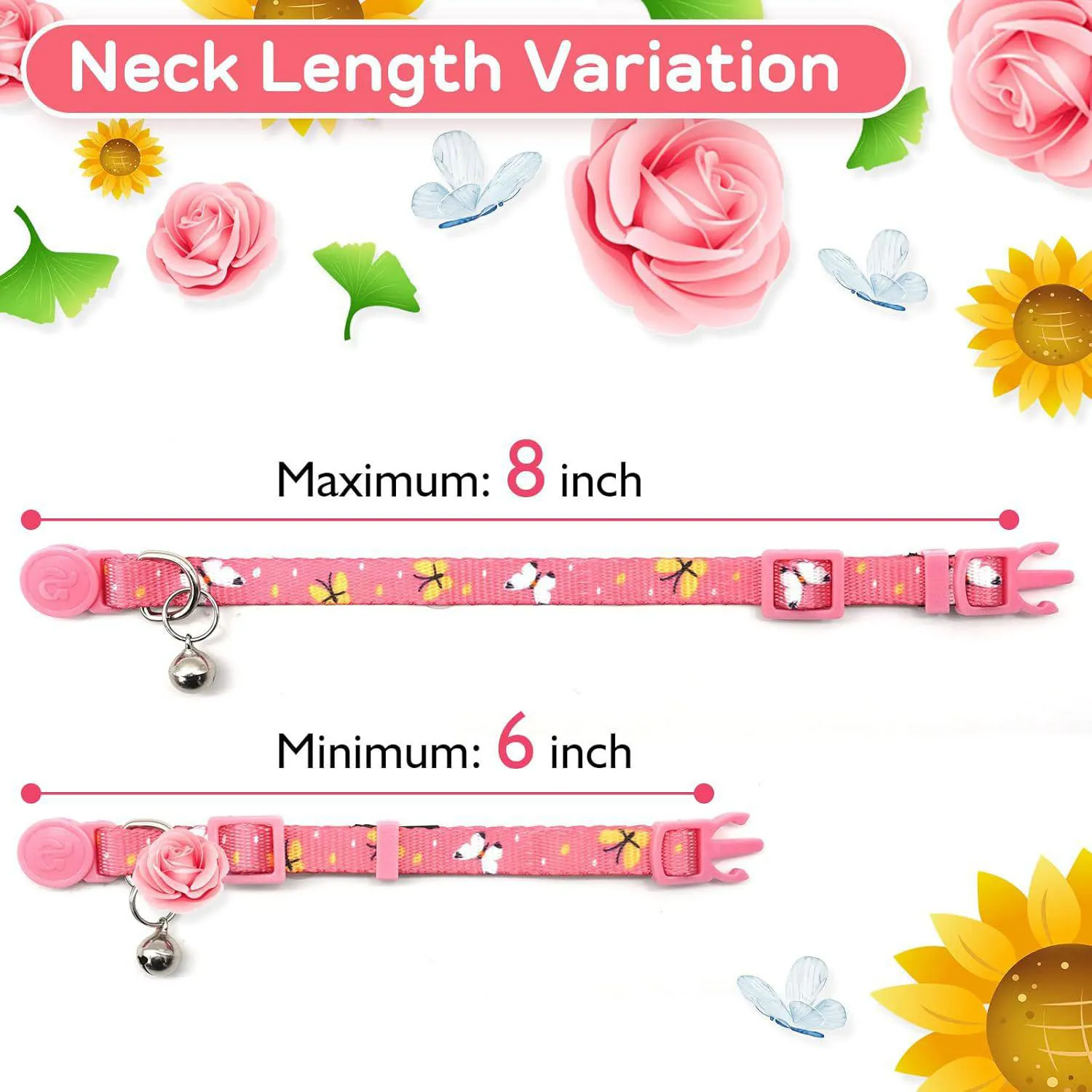 Paquete de 4 Collares para Gatitos azuza con Campana, Hebilla de Liberación Rápida y Diseño Floral Ajustable 5