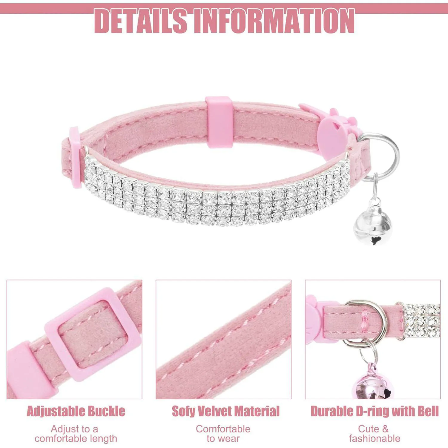 Collares Gato EXPAWLORER Terciopelo Suave Ajustables con Diamantes de Imitación y Campana 3