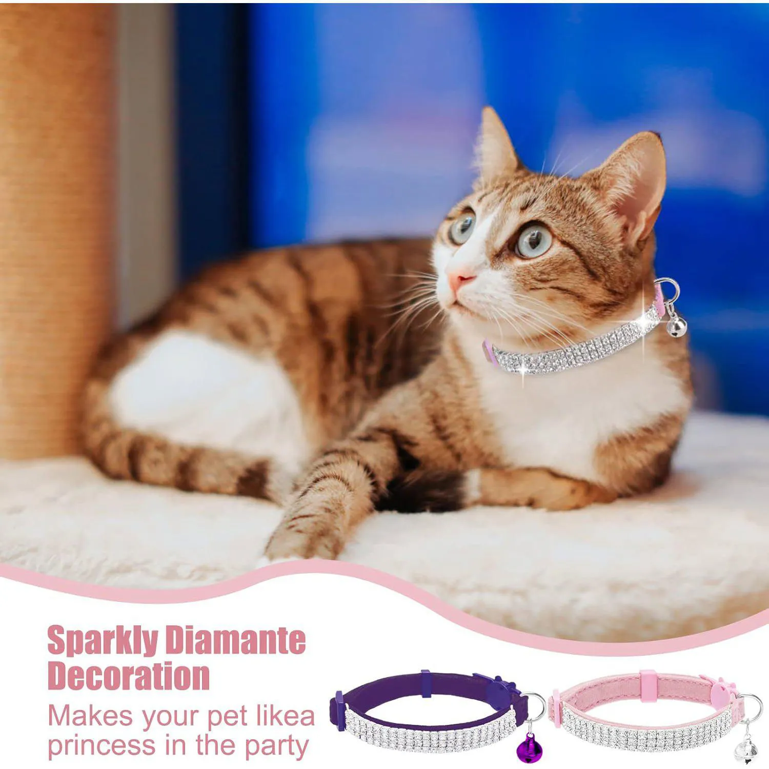 Collares Gato EXPAWLORER Terciopelo Suave Ajustables con Diamantes de Imitación y Campana 6