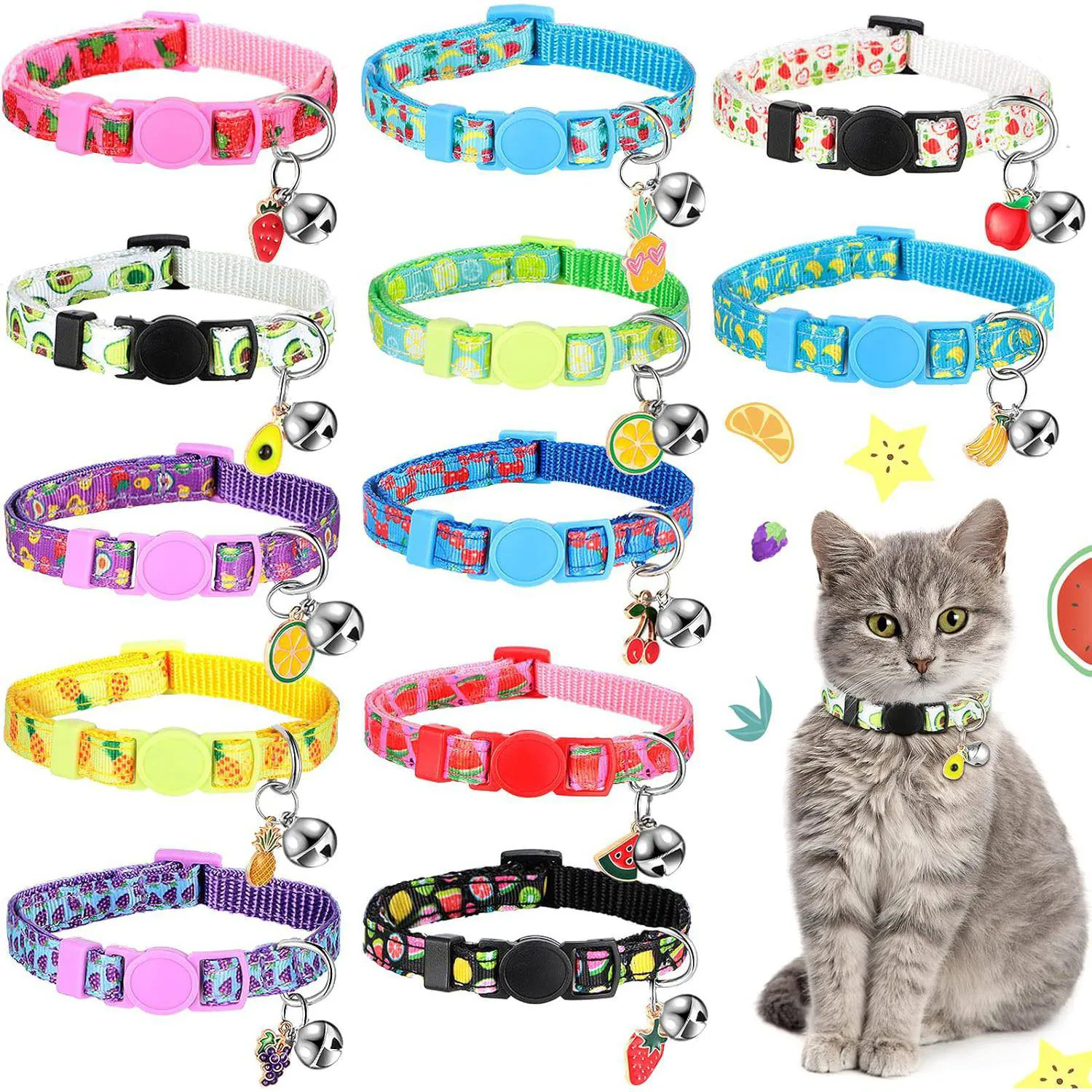 Collar Gato Frienda Frutas de Verano Ajustable con Campana Set por 12 Unidades