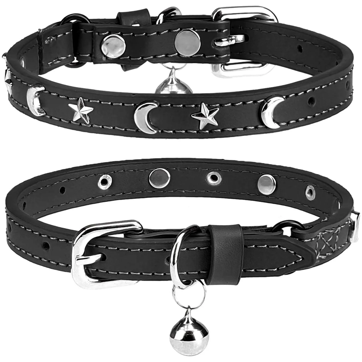 Collar DILLYBUD De Cuero Para Gato Ajustable Estrellas y Luna Con Campana