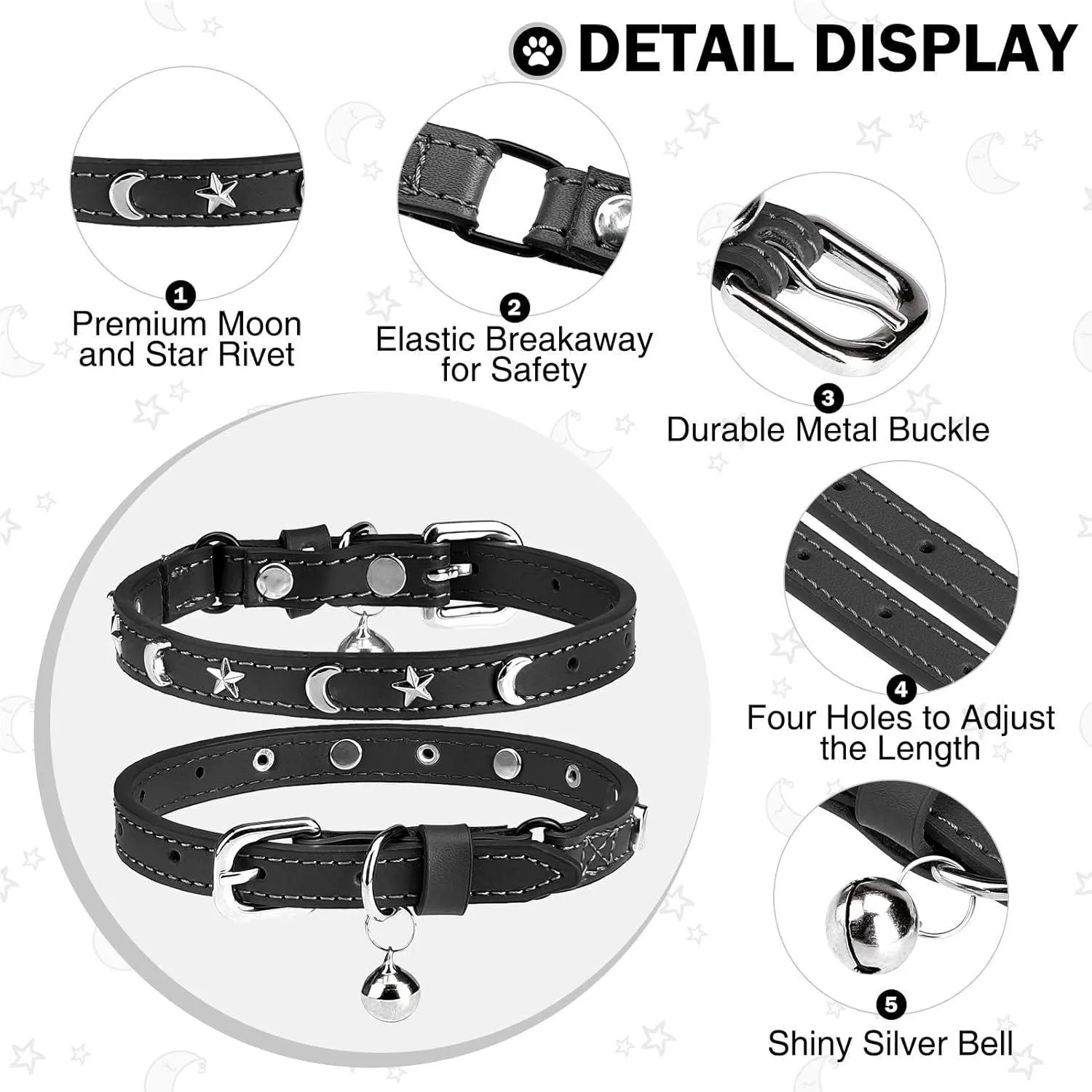 Collar DILLYBUD De Cuero Para Gato Ajustable Estrellas y Luna Con Campana