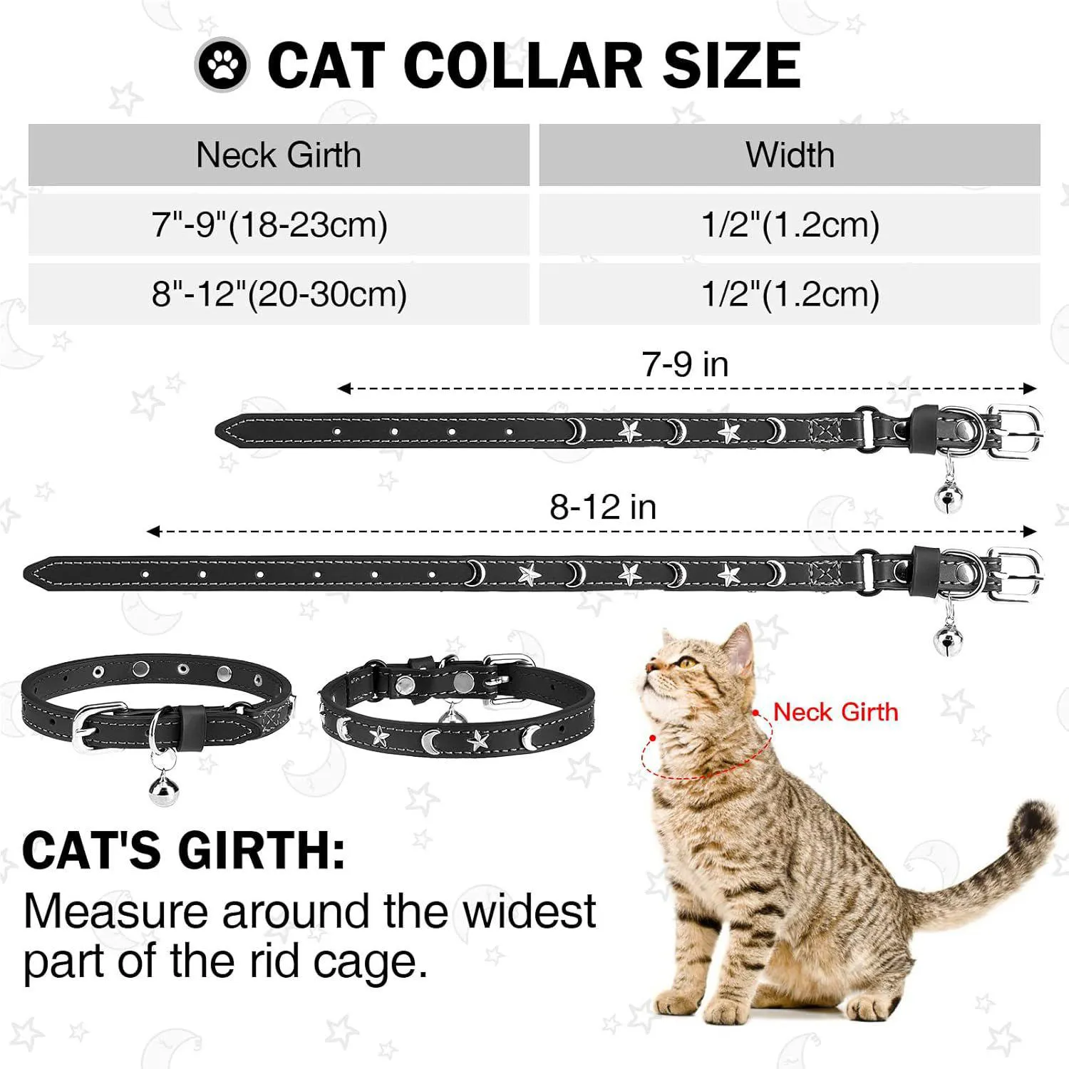 Collar DILLYBUD De Cuero Para Gato Ajustable Estrellas y Luna Con Campana 3