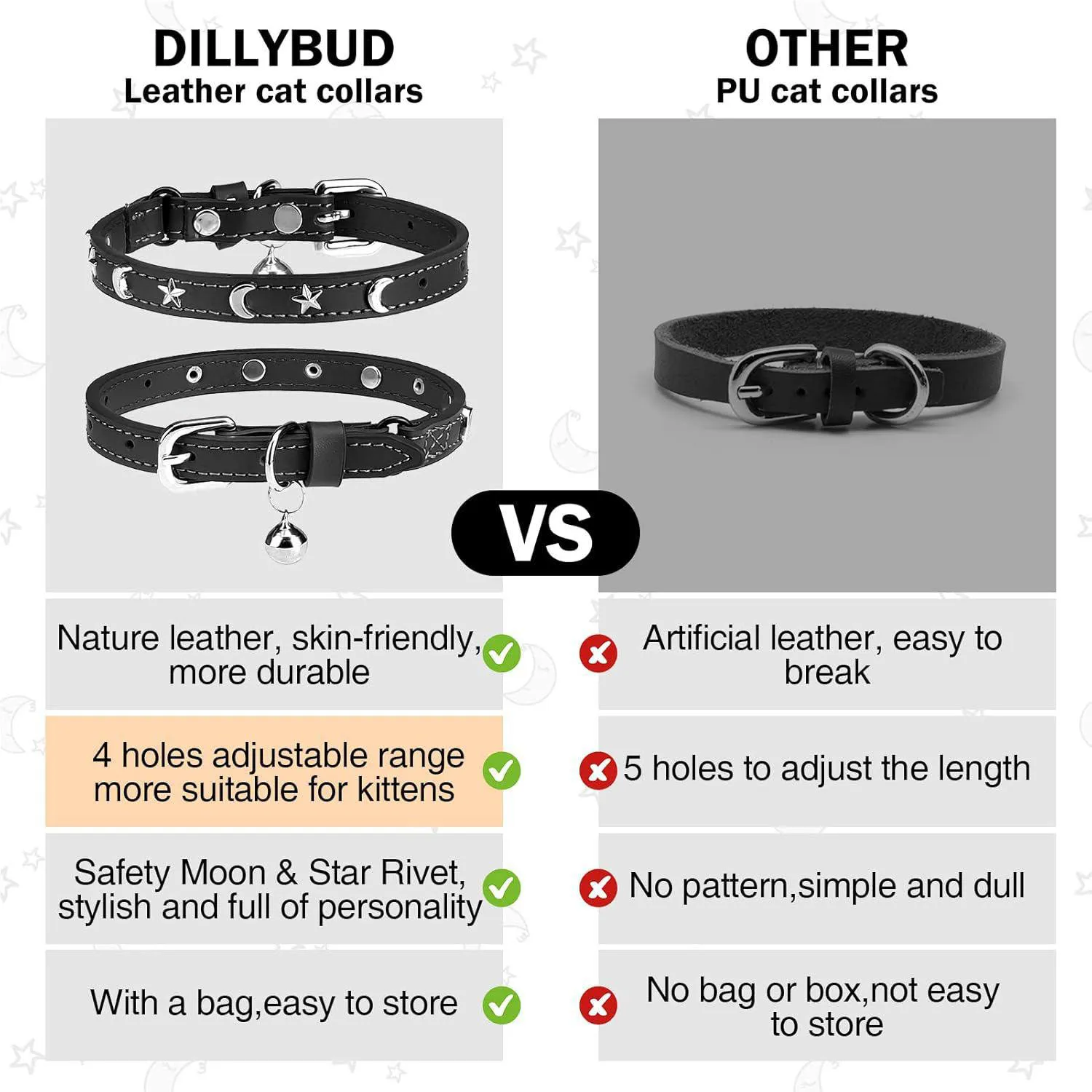 Collar DILLYBUD De Cuero Para Gato Ajustable Estrellas y Luna Con Campana 5