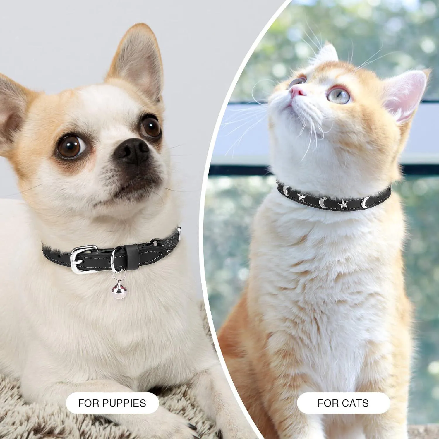 Collar DILLYBUD De Cuero Para Gato Ajustable Estrellas y Luna Con Campana 7