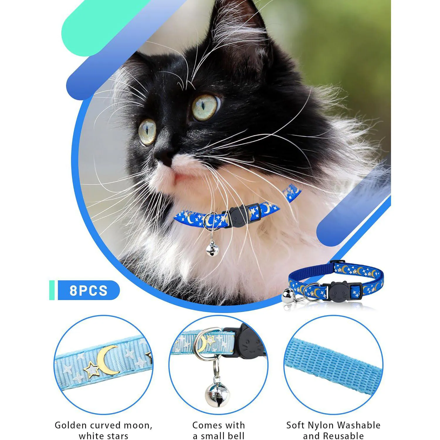 Collares MEDIHOOL Para Gato con Estrellas y Luna Campana Ajustables x8 3
