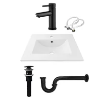 Combo Lavamanos Placa De 50X40 Cm Blanco+Grifería Mezclador Negra+Desague Push Negro