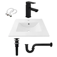 Combo Lavamanos Placa De 50X40 Cm Blanco+Grifería Mezclador Negra+Desague Push Negro