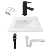Combo Lavamanos Placa De 50X40 Cm Blanco+Grifería Mezclador Negra+Desague Push Negro