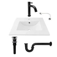 Combo Lavamanos Placa De 50X40 Cm Blanco+Grifería Agua Fria Negra+Desague Push Negro
