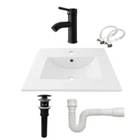 Combo Lavamanos Placa De 60X40 Cm Blanco+Grifería Mezclador Negra+Desague Push Negro