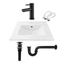 Combo Lavamanos Placa De 60X40 Cm Blanco+Grifería Mezclador Negra+Desague Push Negro