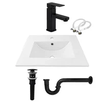Combo Lavamanos Placa De 60X40 Cm Blanco+Grifería Mezclador Negra+Desague Push Negro