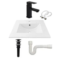Combo Lavamanos Placa De 60X40 Cm Blanco+Grifería Mezclador Negra+Desague Push Negro